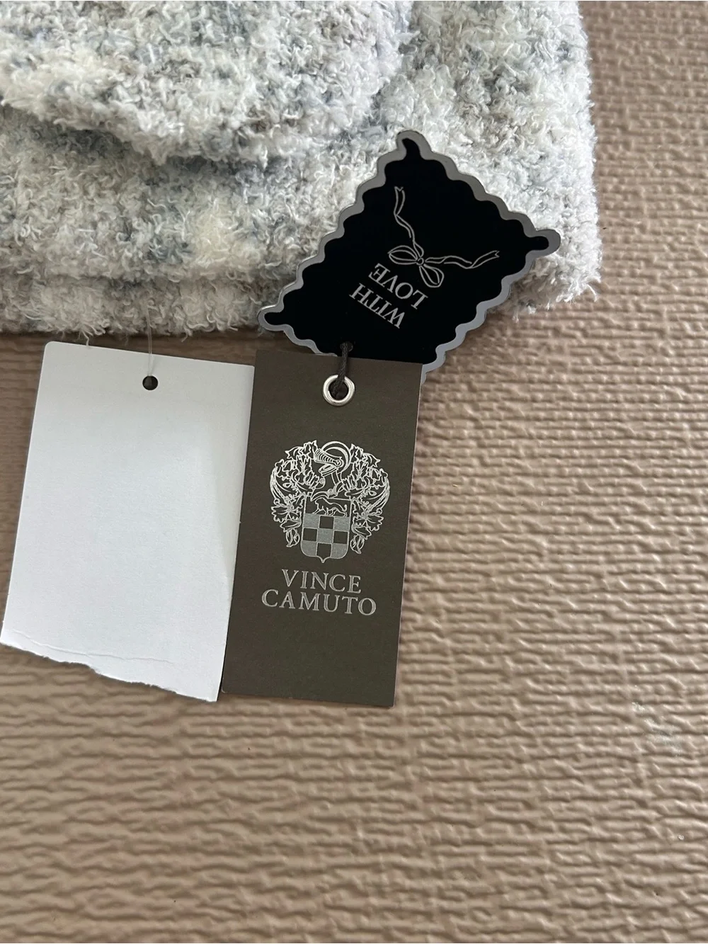 Vince Camuto Ivory Neutral Fuzzy Beanie & Mittens Set